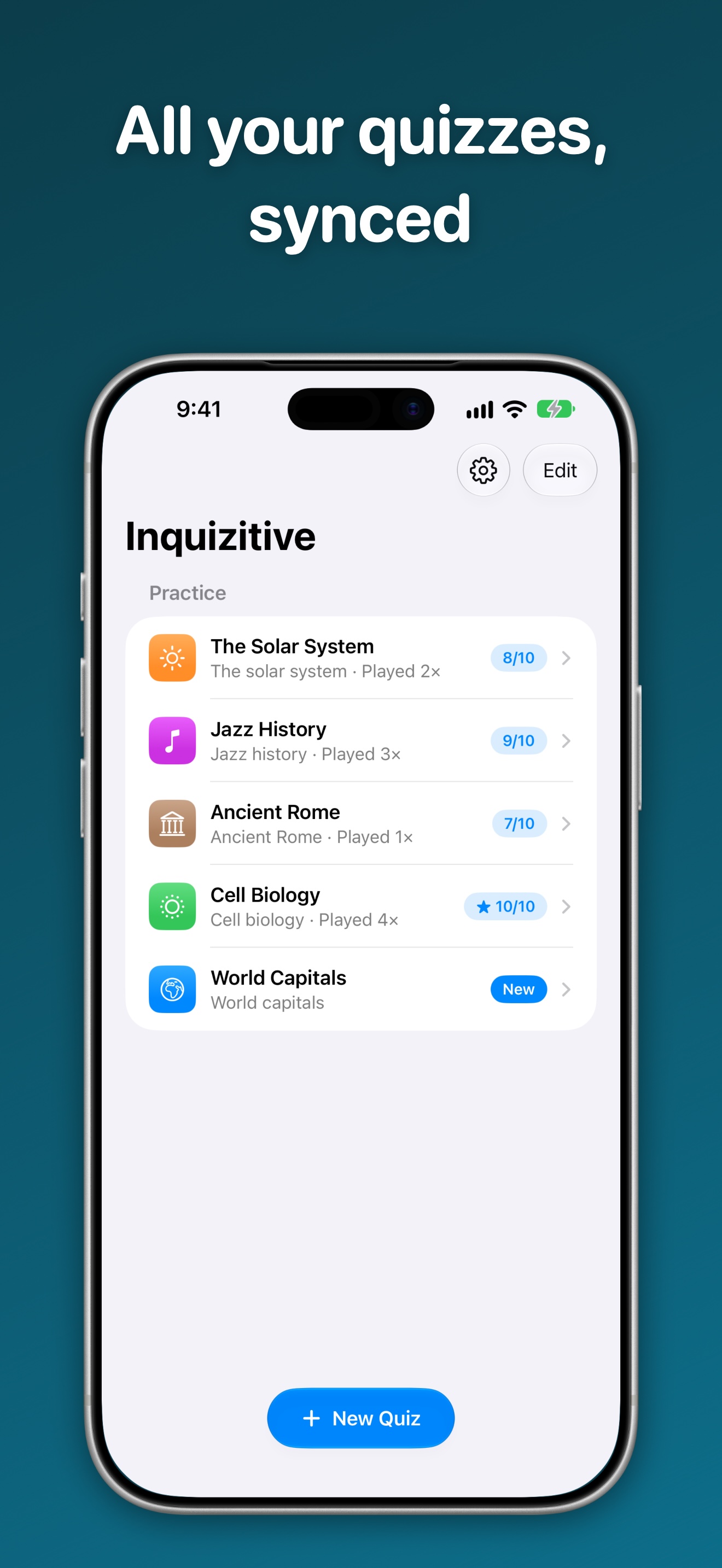 All your quizzes, synced through iCloud